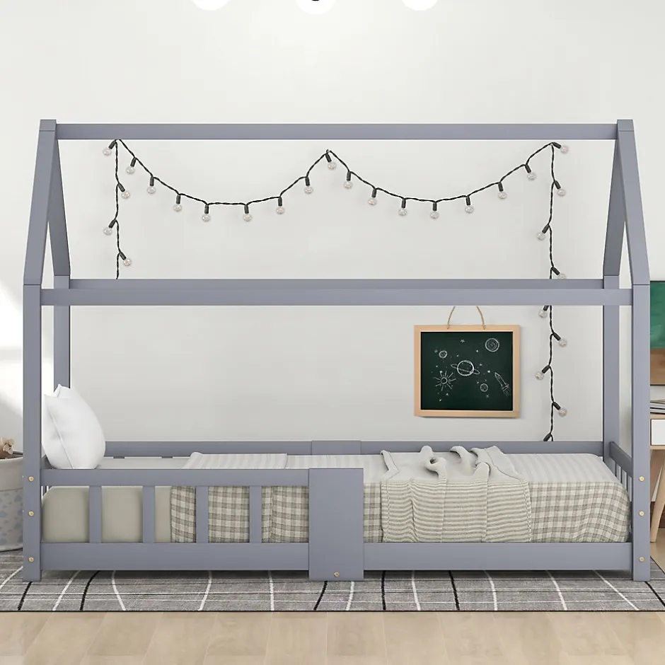 Enfant Okwish Lit enfant 90 x 200 cm - Lit Cabane avec Tablette et Tableau - Bois de Pin - Sans Matelas - Gris