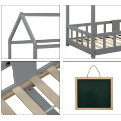 Enfant Okwish Lit enfant 90 x 200 cm - Lit Cabane avec Tablette et Tableau - Bois de Pin - Sans Matelas - Gris