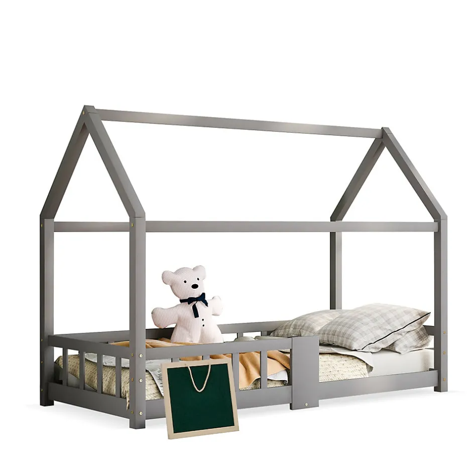 Enfant Okwish Lit enfant 90 x 200 cm - Lit Cabane avec Tablette et Tableau - Bois de Pin - Sans Matelas - Gris