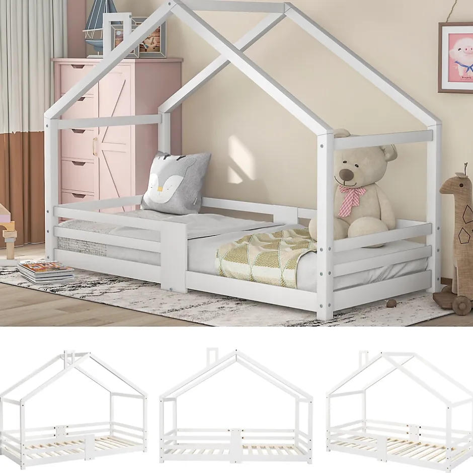 Okwish Lit enfant 90 x 200 cm - Lit Cabane avec Cheminée Antichute - Bois de Pin - Sans Matelas - Blanc Best