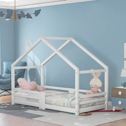 Okwish Lit enfant 90 x 200 cm - Lit Cabane avec Cheminée Antichute - Bois de Pin - Sans Matelas - Blanc Best