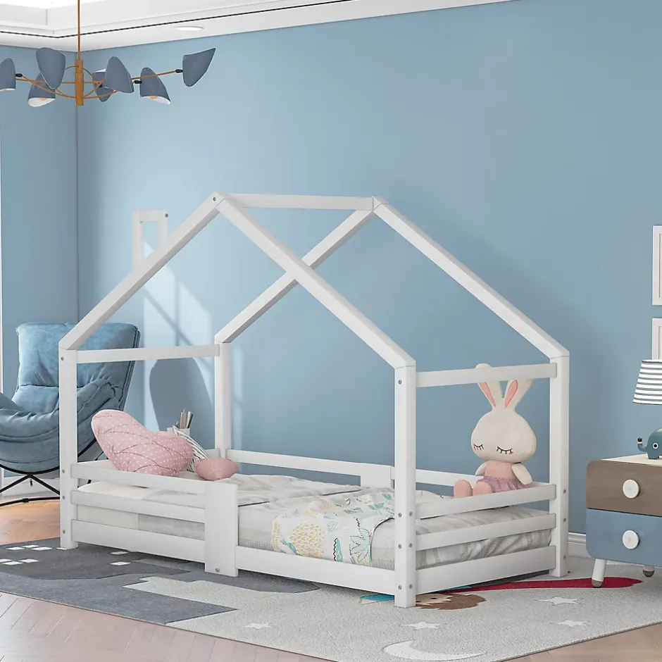 Okwish Lit enfant 90 x 200 cm - Lit Cabane avec Cheminée Antichute - Bois de Pin - Sans Matelas - Blanc Best