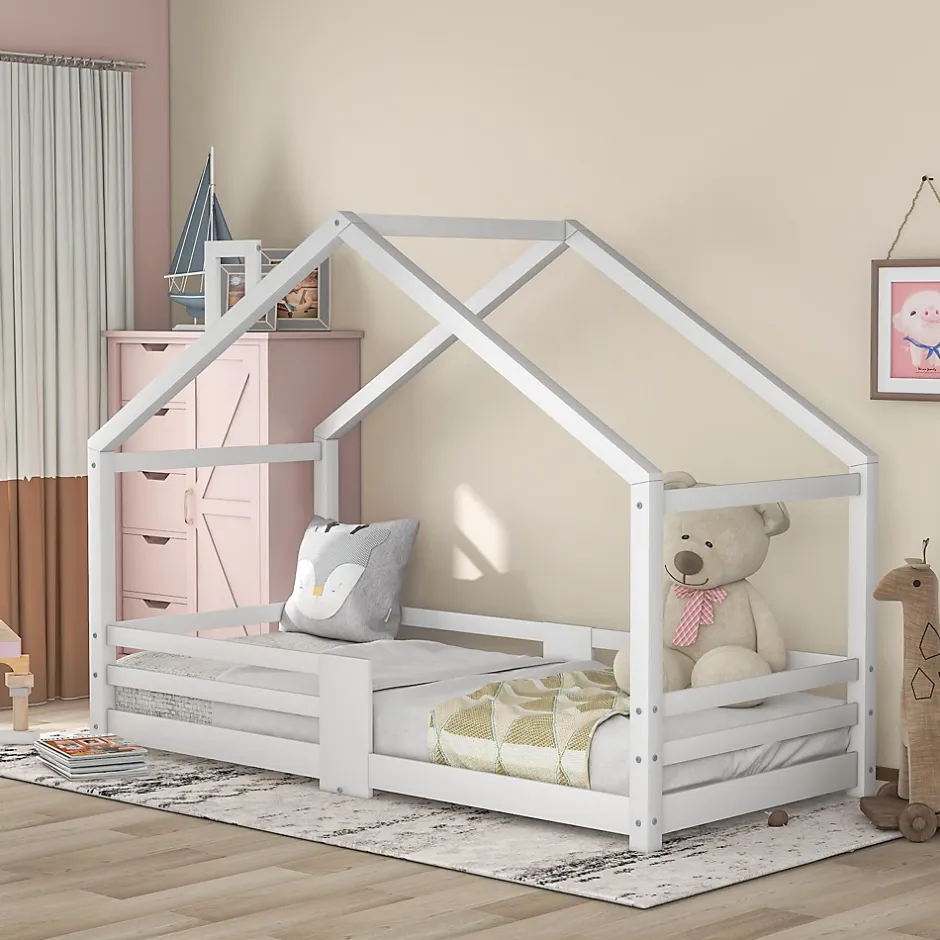 Okwish Lit enfant 90 x 200 cm - Lit Cabane avec Cheminée Antichute - Bois de Pin - Sans Matelas - Blanc Best