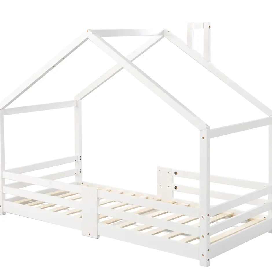 Okwish Lit enfant 90 x 200 cm - Lit Cabane avec Cheminée Antichute - Bois de Pin - Sans Matelas - Blanc Best