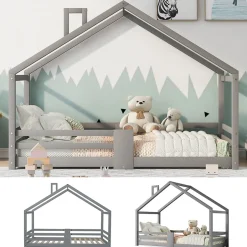 Enfant Okwish Lit enfant 90 x 200 cm - Lit Cabane avec Cheminée Antichute - Bois de Pin - Sans Matelas - Gris