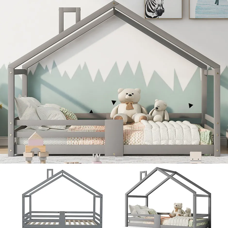 Enfant Okwish Lit enfant 90 x 200 cm - Lit Cabane avec Cheminée Antichute - Bois de Pin - Sans Matelas - Gris