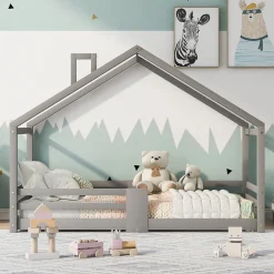Enfant Okwish Lit enfant 90 x 200 cm - Lit Cabane avec Cheminée Antichute - Bois de Pin - Sans Matelas - Gris