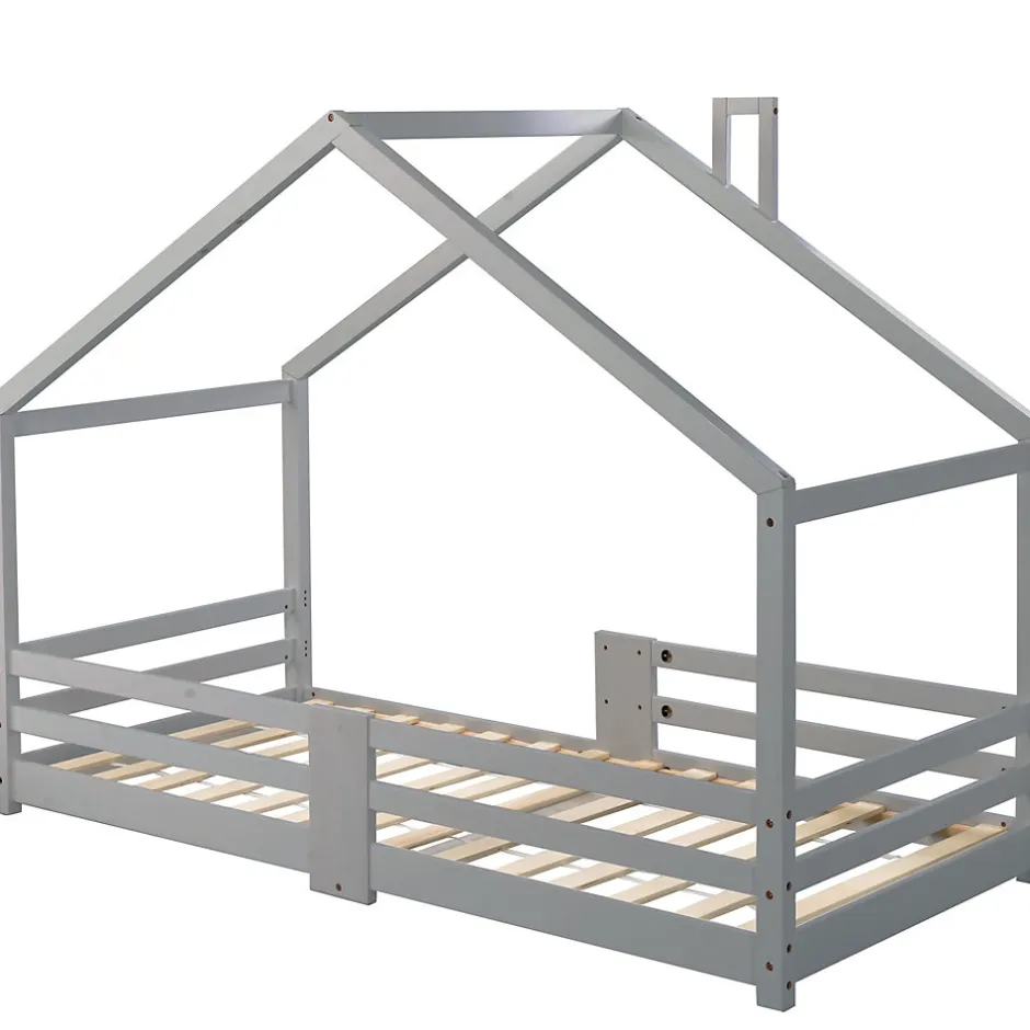 Enfant Okwish Lit enfant 90 x 200 cm - Lit Cabane avec Cheminée Antichute - Bois de Pin - Sans Matelas - Gris