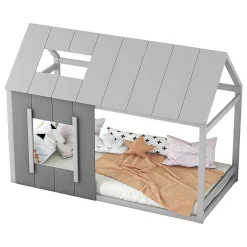 Enfant Blackcolors Lit enfant 90 x 200 cm en forme de maison, gris foncé et gris clair