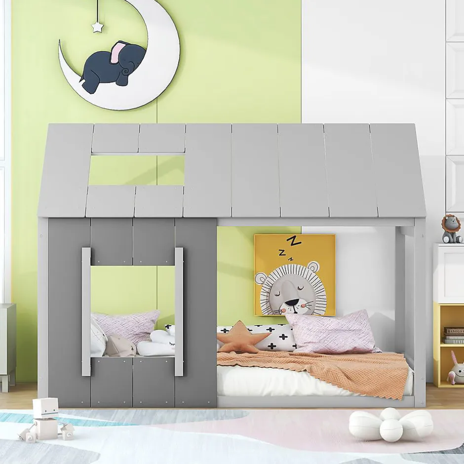 Enfant Blackcolors Lit enfant 90 x 200 cm en forme de maison, gris foncé et gris clair