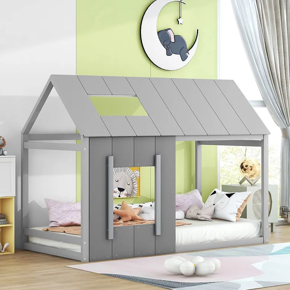 Enfant Blackcolors Lit enfant 90 x 200 cm en forme de maison, gris foncé et gris clair