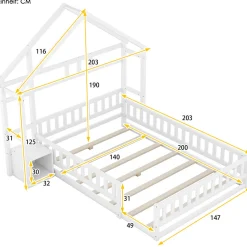 Enfant Fortuna lai Lit Enfant 140 X 200 Cm, Lit Cabane Avec Barrières, Lit Enfant Avec Tables De Chevet, Blanc