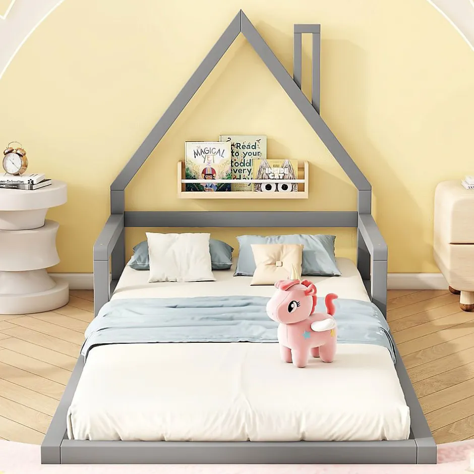 Enfant Blackcolors Lit enfant 90 x 200 cm, lit plat en forme de maison, pin gris,