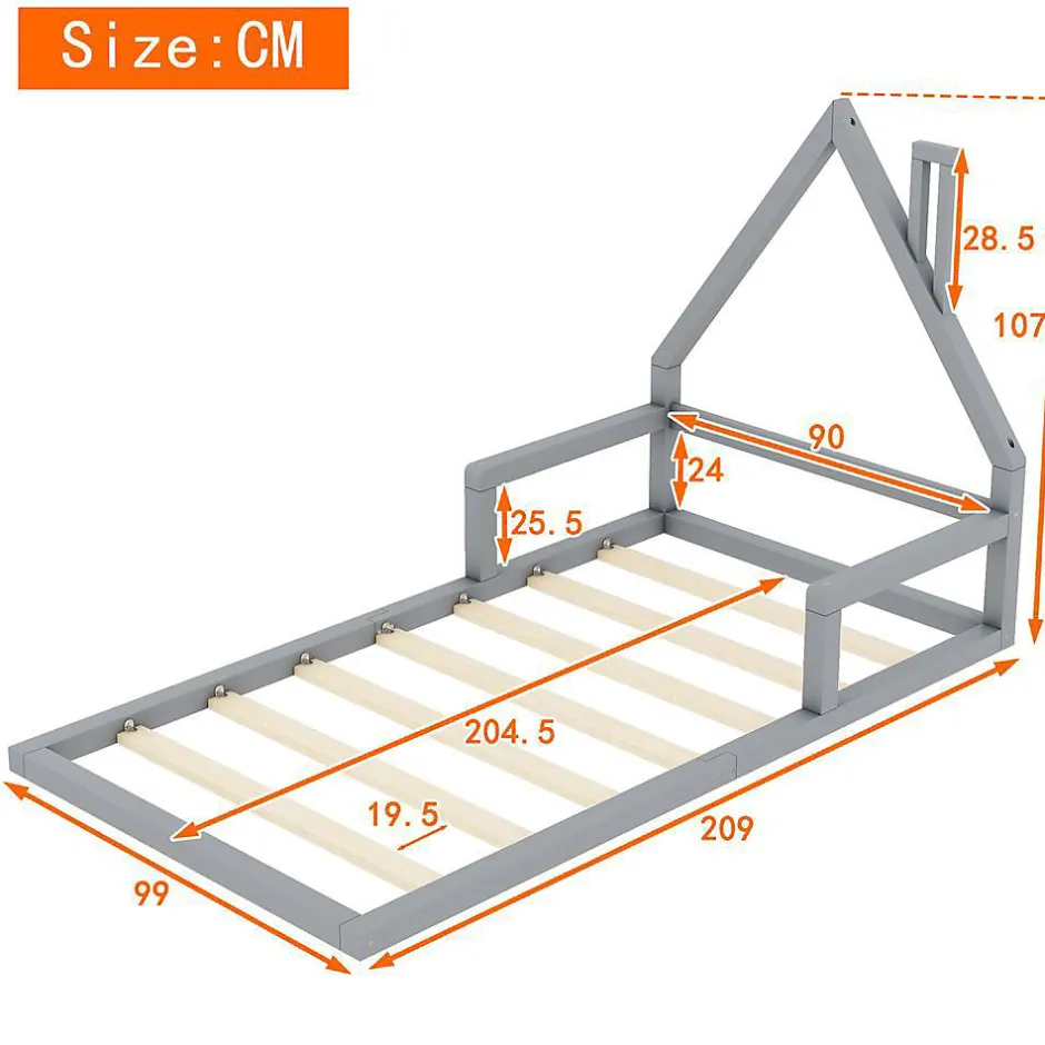 Enfant Blackcolors Lit enfant 90 x 200 cm, lit plat en forme de maison, pin gris,