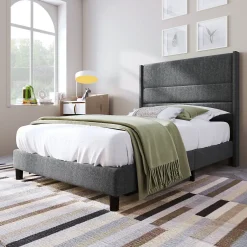 Seyakany Lit enfant 90 x 200 cm, lit simple capitonné, avec sommier à lattes, design moderne, tissu en lin, matelas non inclus, gris