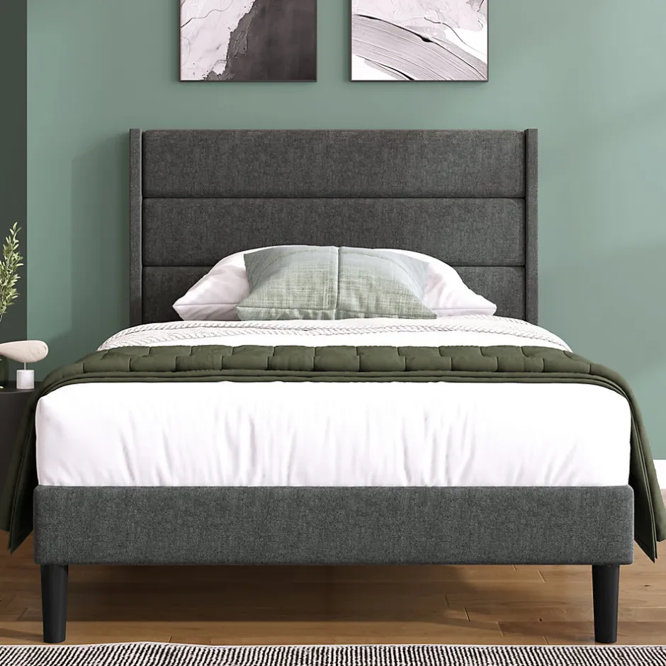 Seyakany Lit enfant 90 x 200 cm, lit simple capitonné, avec sommier à lattes, design moderne, tissu en lin, matelas non inclus, gris