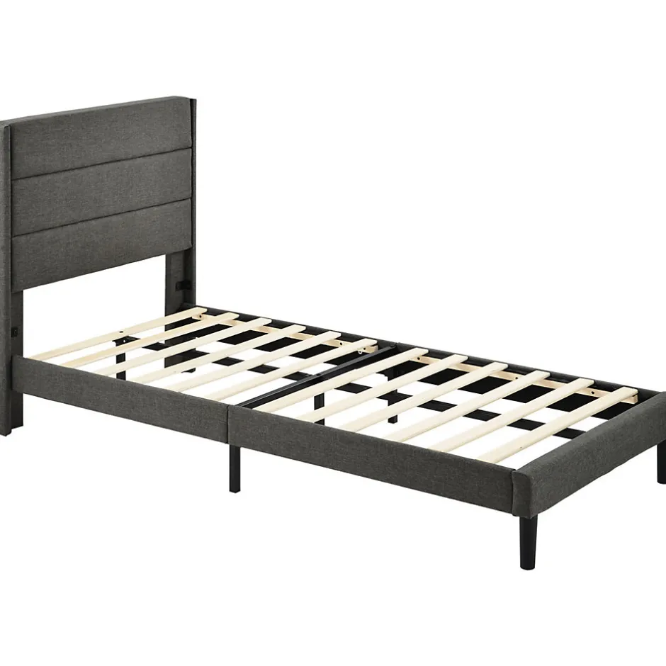 Seyakany Lit enfant 90 x 200 cm, lit simple capitonné, avec sommier à lattes, design moderne, tissu en lin, matelas non inclus, gris