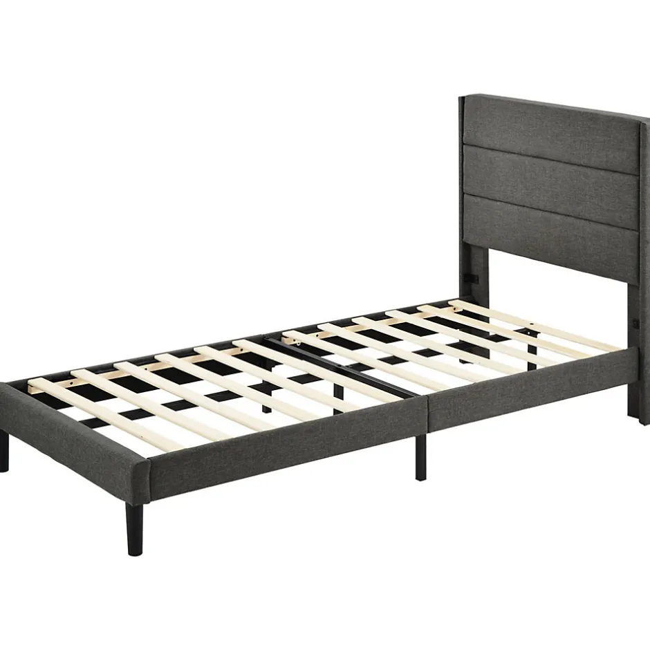 Seyakany Lit enfant 90 x 200 cm, lit simple capitonné, avec sommier à lattes, design moderne, tissu en lin, matelas non inclus, gris