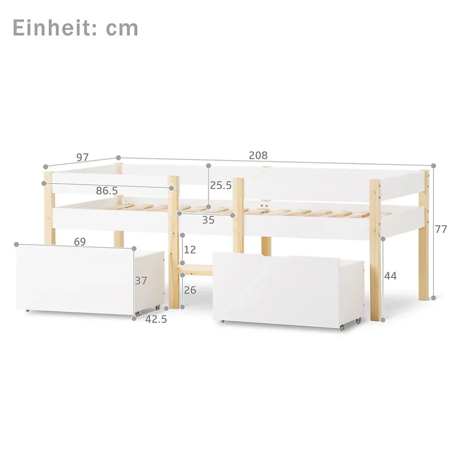 Blackcolors Lit enfant 90 x 200 cm, tiroirs, pin massif, blanc Hot
