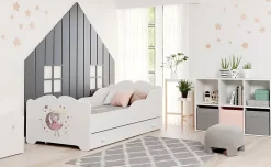 Htmeubles Lit enfant ALMENA avec tiroir matelas et cadre inclus - Princesse et lune - 160 cm x 80 cm New