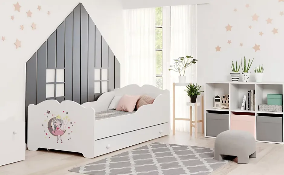 Htmeubles Lit enfant ALMENA avec tiroir matelas et cadre inclus - Princesse et lune - 160 cm x 80 cm New