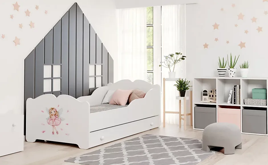 Htmeubles Lit enfant ALMENA avec tiroir matelas et cadre inclus - Fée rose - 140 cm x 70 cm Sale