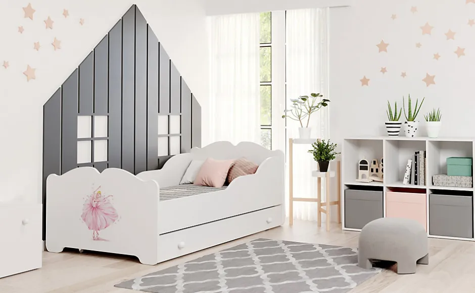Htmeubles Lit enfant ALMENA avec tiroir matelas et cadre inclus - Princesse rose - 160 cm x 80 cm