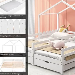 Okwish Lit enfant Cabane 90x200 cm - Lit avec Toit et Fenêtres, 2 Tiroirs MDF avec Roulettes, Cadre en Pin Blanc - Sans Matelas Sale