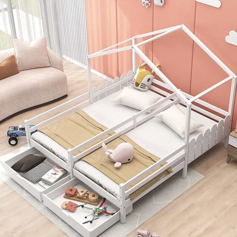 Okwish Lit enfant Cabane 90x200 cm - Lit avec Toit et Fenêtres, 2 Tiroirs MDF avec Roulettes, Cadre en Pin Blanc - Sans Matelas Sale