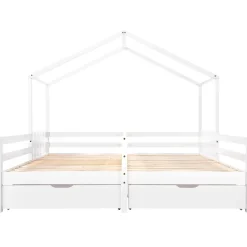 Okwish Lit enfant Cabane 90x200 cm - Lit avec Toit et Fenêtres, 2 Tiroirs MDF avec Roulettes, Cadre en Pin Blanc - Sans Matelas Sale