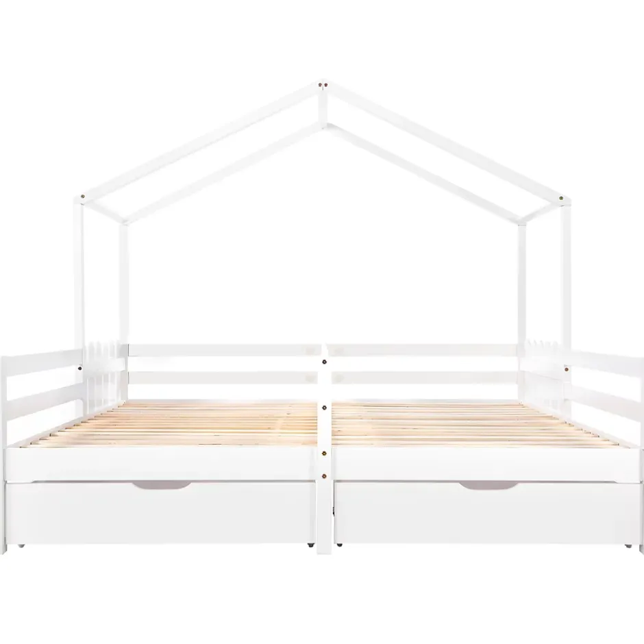 Okwish Lit enfant Cabane 90x200 cm - Lit avec Toit et Fenêtres, 2 Tiroirs MDF avec Roulettes, Cadre en Pin Blanc - Sans Matelas Sale
