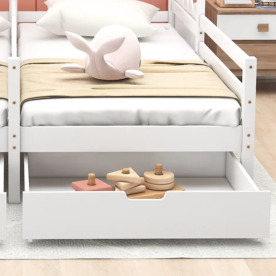 Okwish Lit enfant Cabane 90x200 cm - Lit avec Toit et Fenêtres, 2 Tiroirs MDF avec Roulettes, Cadre en Pin Blanc - Sans Matelas Sale