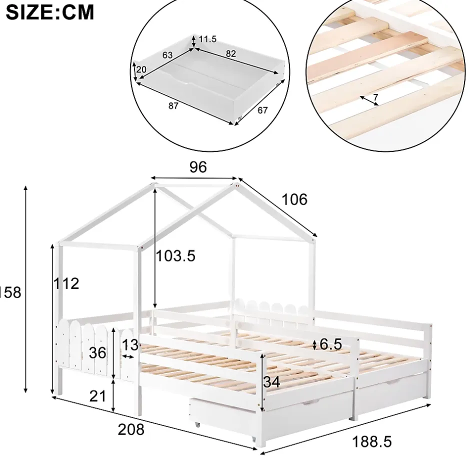 Okwish Lit enfant Cabane 90x200 cm - Lit avec Toit et Fenêtres, 2 Tiroirs MDF avec Roulettes, Cadre en Pin Blanc - Sans Matelas Sale