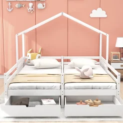 Okwish Lit enfant Cabane 90x200 cm - Lit avec Toit et Fenêtres, 2 Tiroirs MDF avec Roulettes, Cadre en Pin Blanc - Sans Matelas Sale
