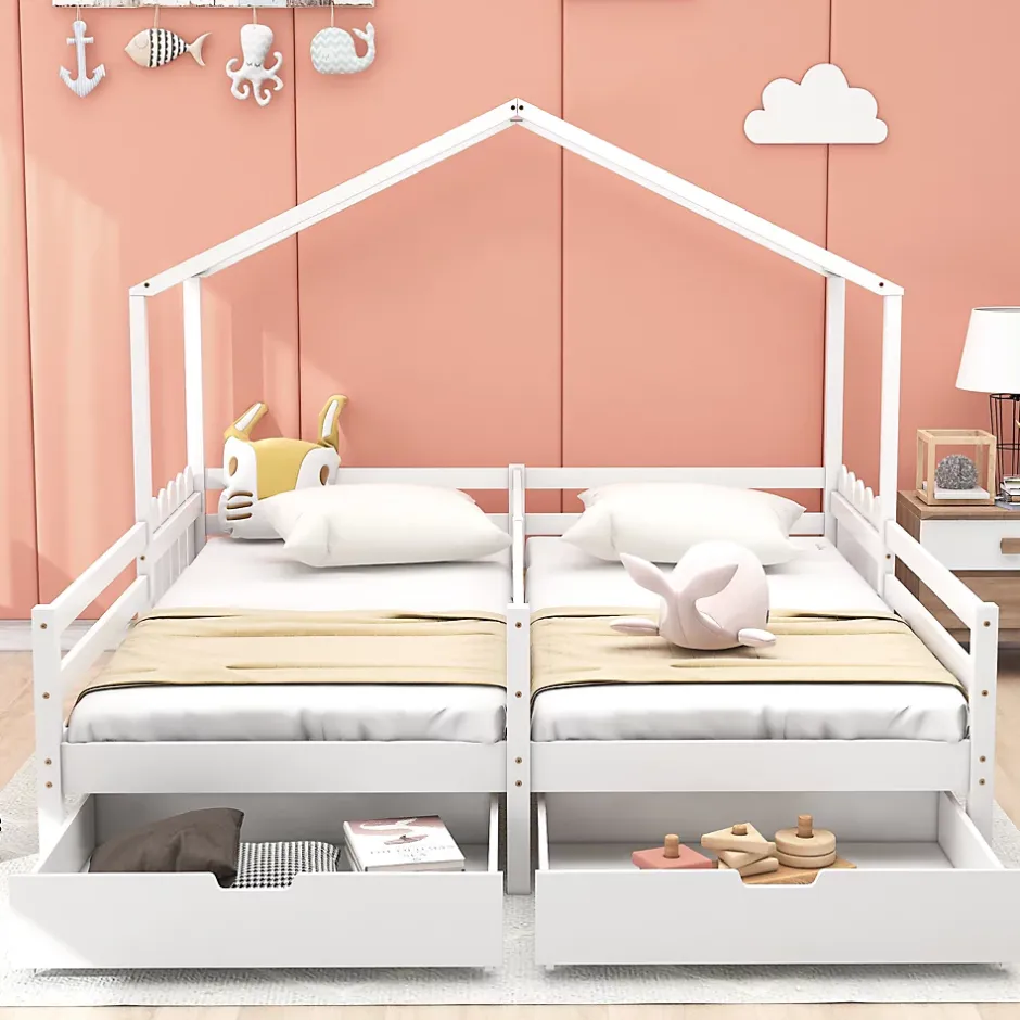 Okwish Lit enfant Cabane 90x200 cm - Lit avec Toit et Fenêtres, 2 Tiroirs MDF avec Roulettes, Cadre en Pin Blanc - Sans Matelas Sale
