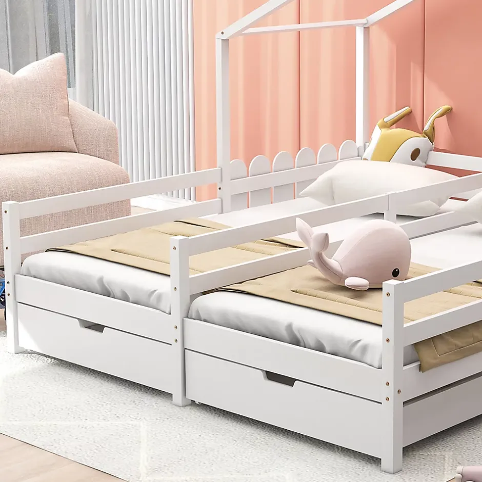 Okwish Lit enfant Cabane 90x200 cm - Lit avec Toit et Fenêtres, 2 Tiroirs MDF avec Roulettes, Cadre en Pin Blanc - Sans Matelas Sale