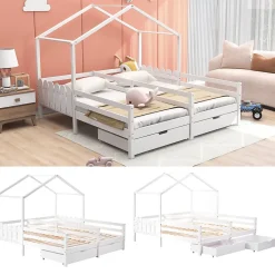 Okwish Lit enfant Cabane 90x200 cm - Lit avec Toit et Fenêtres, 2 Tiroirs MDF avec Roulettes, Cadre en Pin Blanc - Sans Matelas Sale