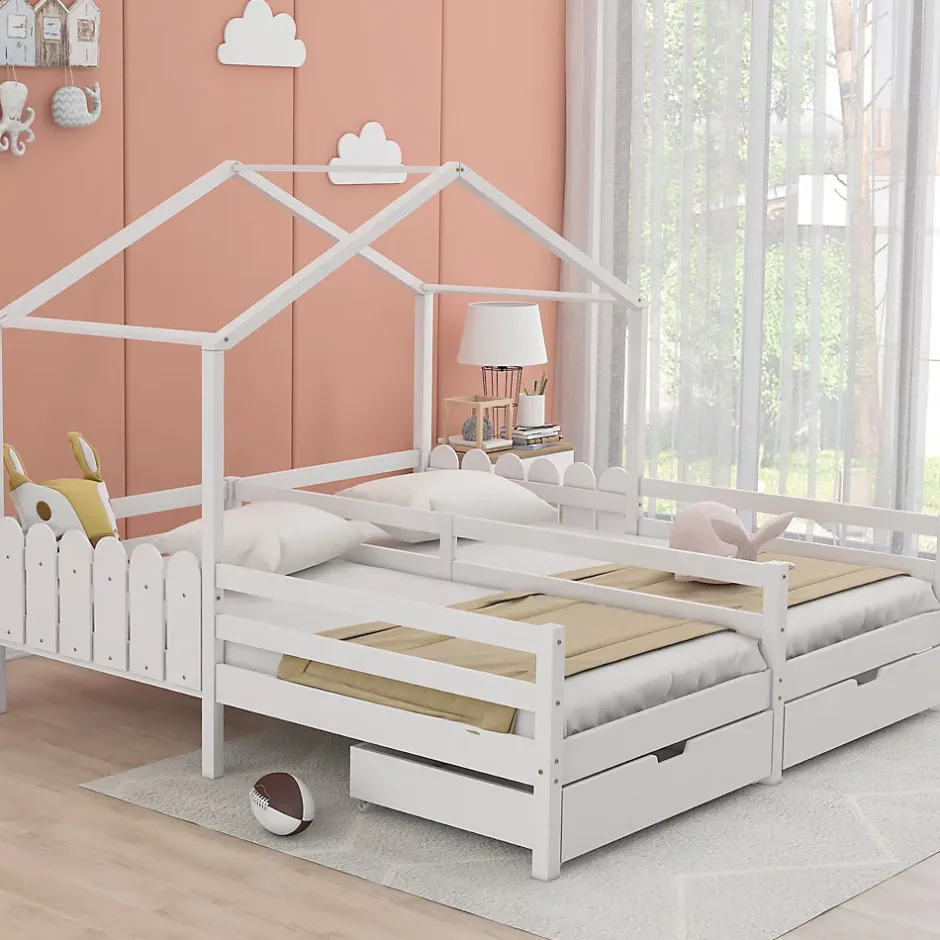 Okwish Lit enfant Cabane 90x200 cm - Lit avec Toit et Fenêtres, 2 Tiroirs MDF avec Roulettes, Cadre en Pin Blanc - Sans Matelas Sale