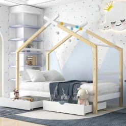 Enfant Okwish Lit enfant Cabane 90x200 cm avec Tiroirs - Lit Montessori en Bois de Pin Massif - design Scandinave - Blanc
