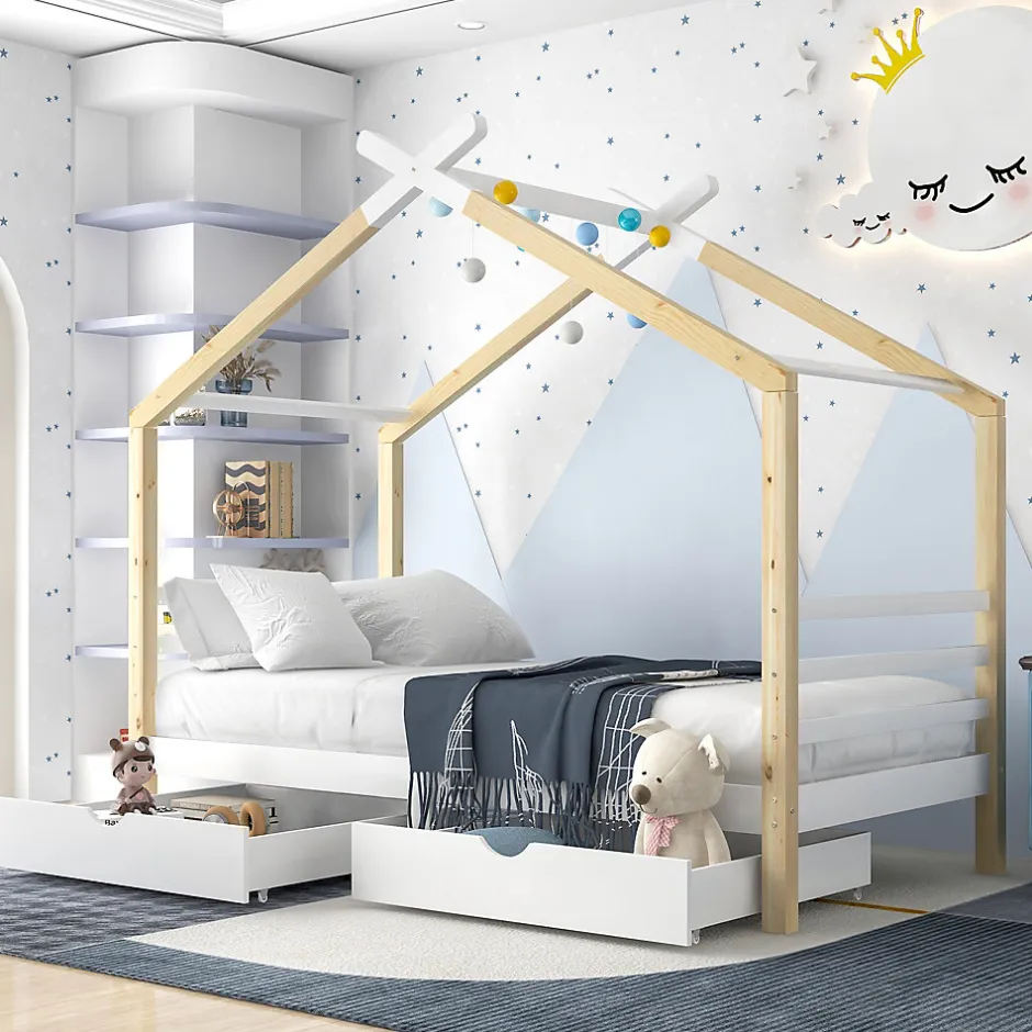 Enfant Okwish Lit enfant Cabane 90x200 cm avec Tiroirs - Lit Montessori en Bois de Pin Massif - design Scandinave - Blanc