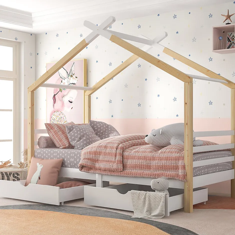 Enfant Okwish Lit enfant Cabane 90x200 cm avec Tiroirs - Lit Montessori en Bois de Pin Massif - design Scandinave - Blanc