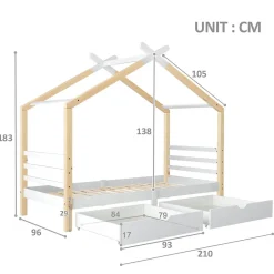 Enfant Okwish Lit enfant Cabane 90x200 cm avec Tiroirs - Lit Montessori en Bois de Pin Massif - design Scandinave - Blanc