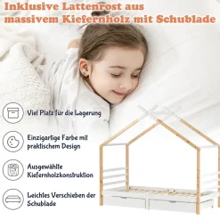 Enfant Okwish Lit enfant Cabane 90x200 cm avec Tiroirs - Lit Montessori en Bois de Pin Massif - design Scandinave - Blanc