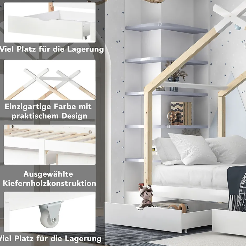 Enfant Okwish Lit enfant Cabane 90x200 cm avec Tiroirs - Lit Montessori en Bois de Pin Massif - design Scandinave - Blanc