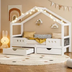 Okwish Lit enfant cabane 90x200 cm en bois - Lit simple stable pour chambre junior - Sans matelas - Design classique - Blanc Discount