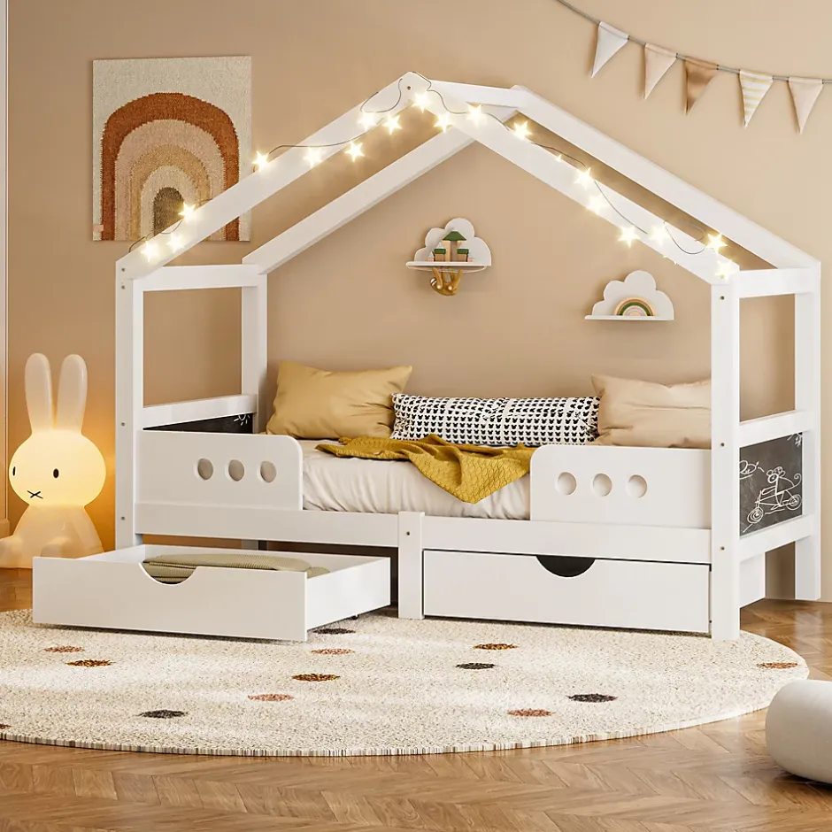 Okwish Lit enfant cabane 90x200 cm en bois - Lit simple stable pour chambre junior - Sans matelas - Design classique - Blanc Discount