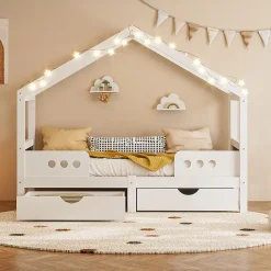 Okwish Lit enfant cabane 90x200 cm en bois - Lit simple stable pour chambre junior - Sans matelas - Design classique - Blanc Discount