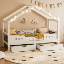 Okwish Lit enfant cabane 90x200 cm en bois - Lit simple stable pour chambre junior - Sans matelas - Design classique - Blanc Discount