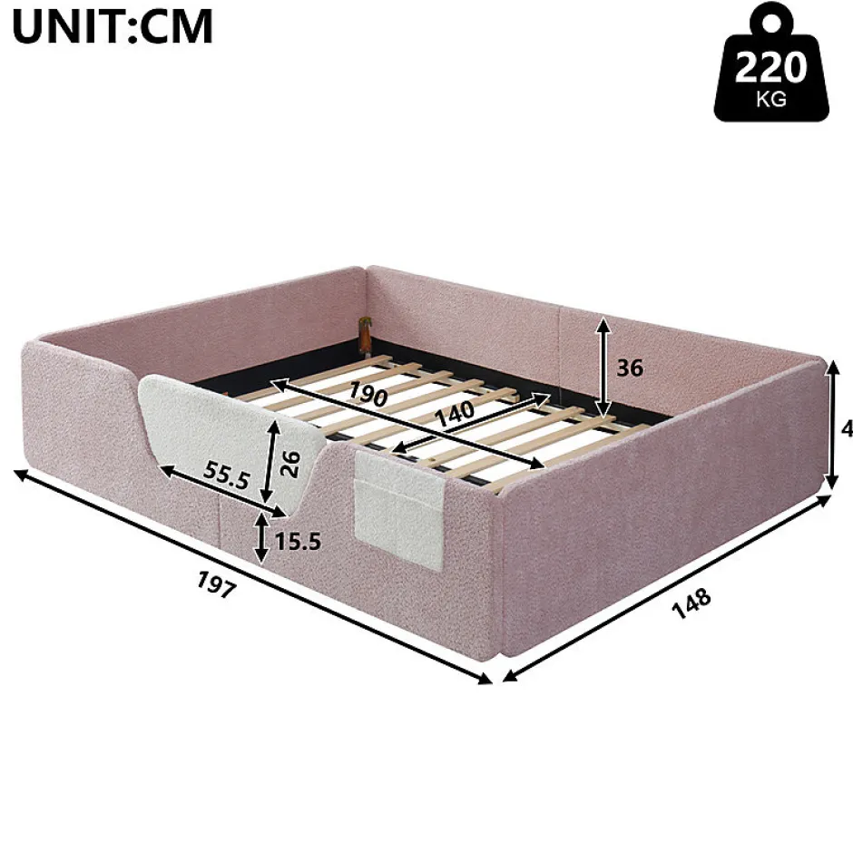 ModernLuxe Lit enfant capitonné 140x190 cm - avec barrières de sécurité amovibles - avec sac de rangement - rose (matelas non inclus) Outlet