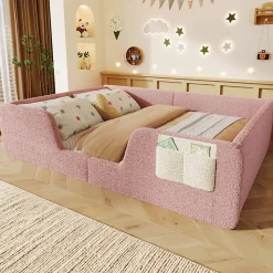 ModernLuxe Lit enfant capitonné 140x190 cm - avec barrières de sécurité amovibles - avec sac de rangement - rose (matelas non inclus) Outlet